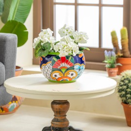 Evergreen Garden Talavera Mexican Pottery Ceramic Green Detailed Baul | Flower Pot Plant Succulent | Indoor Outdoor (9 inch)