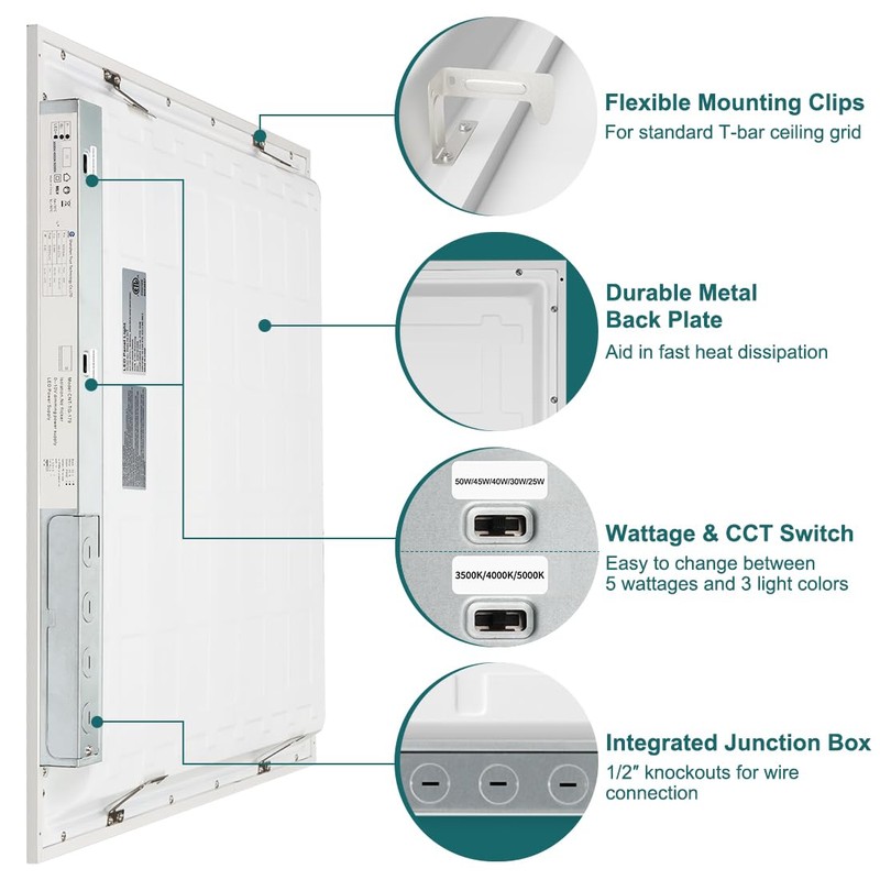 kadision 2x2 LED Flat Panel Light, 50W/45W/40W/30W/25W Adjustable, 5000K/4000K/3500K Selectable,