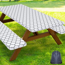 Smiry Picnic Table Cover with Bench Covers, Waterproof Elastic Fitted Tablecloth for 6 Foot Tables, Washable Polyester Tablecloths for Camping, Indoor & Outdoor (White Morocco, 30x72 Inch 3-pc Set)