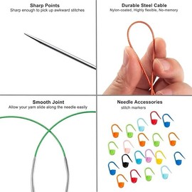 6Pcs 80cm Circular Knitting Needles Set,6 Sizes Stainless Steel Knitting Needles,Knitting Needles Round with Cable,Long & Smooth Metal Round Needles,Size 2.75mm 3.75mm 4.5mm 5.5mm 8mm 10mm