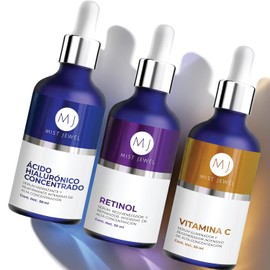 MIST JEWEL Kit de Skincare con 3 Serums Faciales: Vitamina C, Retinol y Ácido Hialurónico + Vitamina E | Rutina de sueros faciales Antiedad, Hidratante, Iluminadora Día y noche (KIT facial complete)