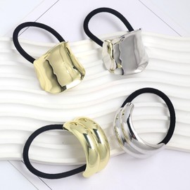 HIFANMM 4PCS Metal Hair Ties for Women Girls, Gold Silver Hair Accessories for Thick Hair, Shiny Metal Geometric Hair Ties Stretchy Non-Damage Ponytail Holders Hair Styling Hair Cuff for Holiday