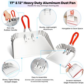 HexDorn 2 Pack Metal Dust Pan 17" and 12", Aluminum Heavy Duty Dust Pans with Non-Slip Rubber Handle, Large and Small Dustpan Set, Lightweight for Sweeping, Garage, Leaf, Household & Outdoor Cleaning