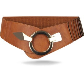 Frentree Ladies Elastic Waist Belt 6cm Wide Waist Belt with Gold Ring Buckle Stretch Belt, brown