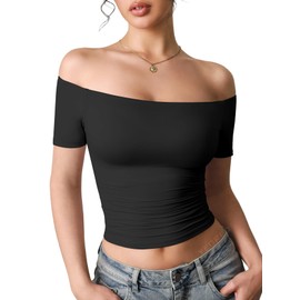 YEOREO Sophie Women Off Shoulder Crop Top Summer Short Sleeve T-Shirts Y2K Double Lined Fit Basic Tee Going Out Cute Tops Black-XL