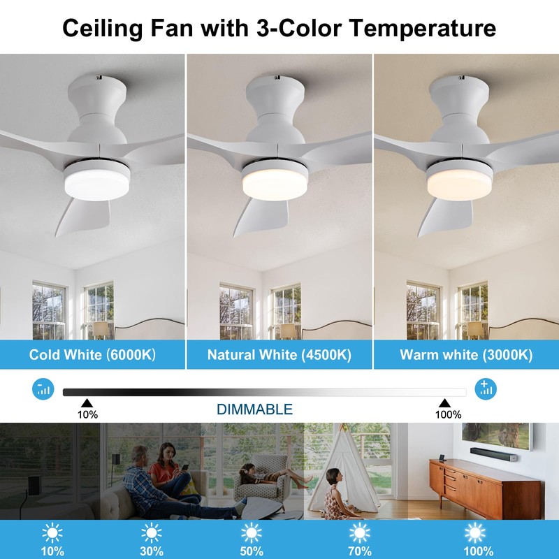 OMYU 42 inch Flush Mount Ceiling Fans with Lights, Dimmable,