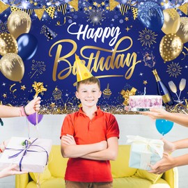 Mocsicka Happy Birthday Banner Blue and Gold Happy Birthday Backdrops Glitter Birthday Party Decorations Photo Background for Men Women (Blue and Gold)