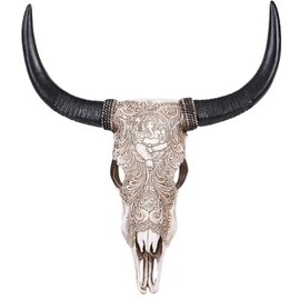 SHENGTIAN 39" Cow Skull Wall Decor, Ganesha Floral Embossing - Faux Longhorn Skull Faux Taxidermy Head Wall Art Handmade - Large Bull's Head - Farmhouse Wall Sculpture (White)