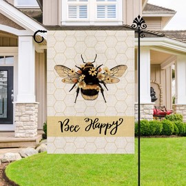 JIMOWANG Spring Bee Happy Flower Burlap Garden Flag Double Sided Outdoor Decorative Yard Flag 12"x18" Porch Patio Banner Flags