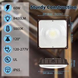 HYPERLITE 60W LED Canopy Light Outdoor,8400LM LED Canopy Gas Station Light,IP65 Waterproof LED Canopy Area Light for Carport Shop Garage Warehouse Porch Gas Station Building Entrances UL Listed