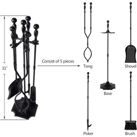 AMAGABELI Garden & Home 5 Pcs Fireplace Tools Set 31 Inch Indoor Black Handle Wrought Iron Large Fire Tool Accessories Set Holder Outdoor Fireset Modern Fire Pit Stand with Poker Brush Shovel Tong