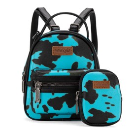 Wrangler Cow Print Mini Leather Backpack with Coin Pouch Cute Book Bag for Women Boho Daypack Perfect for Canadian Adventures LW-WG133-8600 TQ