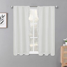 Castle Selection 2 Panel 32" W by 45" H Linen Window Curtain Set Rustic Style Decoration with Ruffled Edge, Tie Backs and Wall Adhesive Hooks (White)