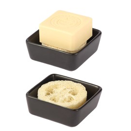 Soap Holder Square Ceramic with Natural Loofah Soap Rest, Bathroom Soap Dish Lisfting Pads, Quick Drying and Easy to Clean, Ideal for Square Soaps (Black)