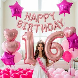Sweet 16 Birthday Party Decorations for Girls, Sweet 16 Sash and Tiara happybirthday letter 16 Number Balloons balloons Hot pink and pink balloons Star heart balloons16th Birthday Gifts for Girls