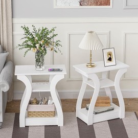 FROMJBEST End Tables Living Room Set of 2,End White Table with Charging Station, Side Table, Nightstand for Bedroom, 3 Tier End Table with Storage Shelf for Living Room White