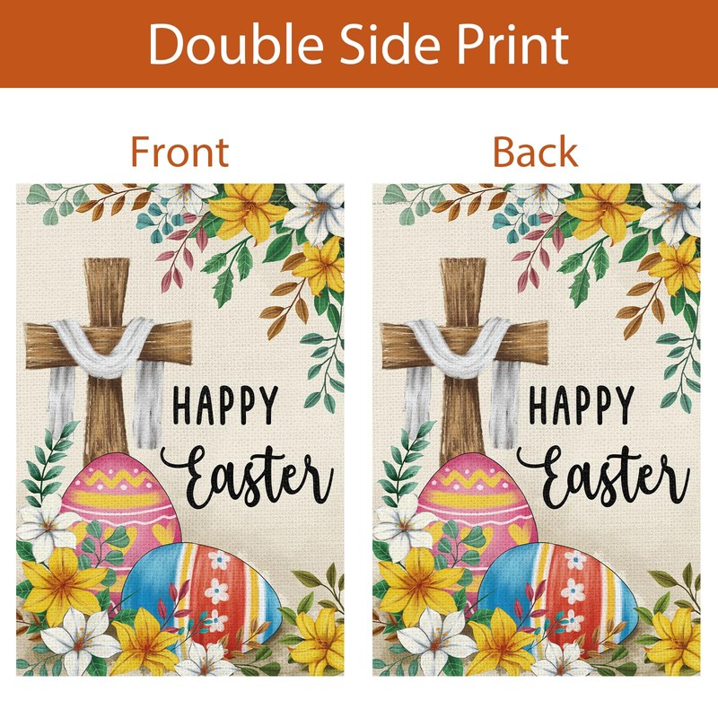 Wodison Happy Easter Cross Garden Flag 12x18 Inch Double Sided