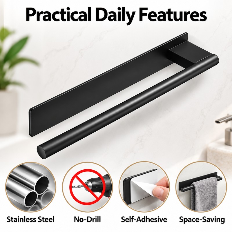 Stainless Steel Towel Rack for Bathroom Use – Self-Adhesive Single