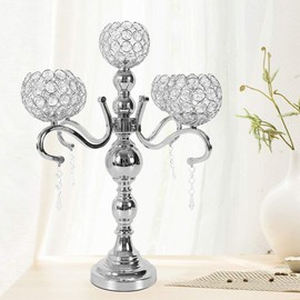 5 Arm Crystal Candelabra Centerpieces Candle Holders Centerpieces Elegant Design for Wedding Columns Home Holiday Dinner Party and Formal Event Table Decoration (Silver)