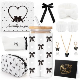 Youerls Regali per ragazze adolescenti 9 10 11 12 13 14 15 16 anni, regalo di compleanno per ragazze adolescenti donne, bicchiere di vetro con cannuccia e coperchio, borsa per cosmetici, calze, fascia