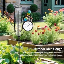 Senflame 27" Rain Gauge Outdoor, Metal Bird & Dragonfly Garden Stake Decorative with Thermometer, 8” Glass Waterproof Freeze Proof Rain Tube Gauge, Glass Rain Gauge Outdoor for Yard, Lawn and Patio