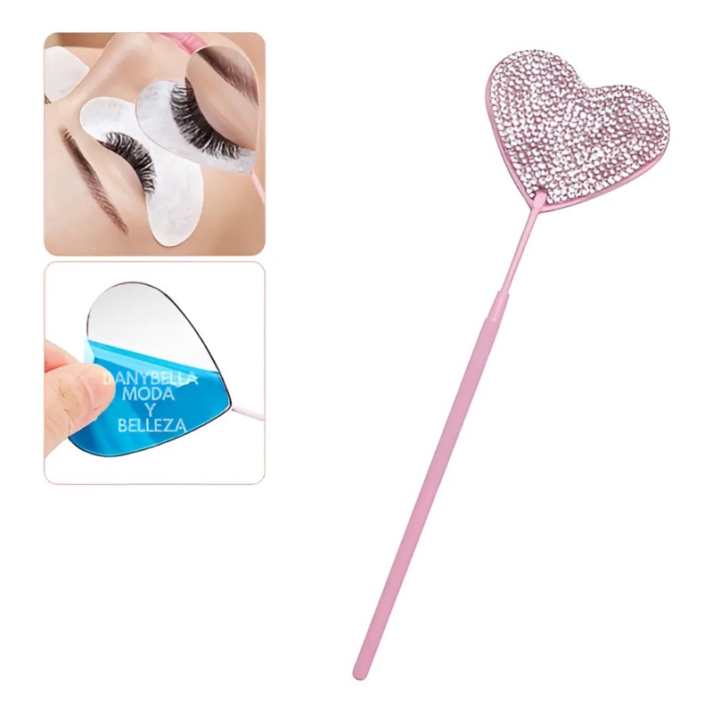 Espejo Para Extensiones De Pestañas, Forma Corazón Diamantes Rosa