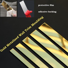 16FT/5M Gold Metalized Wall Trim Molding Peel & Stick, Stainless Steel Self Adhesive Gold Mirror Trim for Wall, Ceiling, Cabinet, Door Frame Moulding (0.6” W)