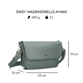 Zwei Mademoiselle M60 Women's Handbag Shoulder Bag Landscape Format 3 Litre Wide Crossbody Bag Magnetic Flap Zip Includes Lanyard Classic Elegant High-Quality Faux Leather, Eucalyptus