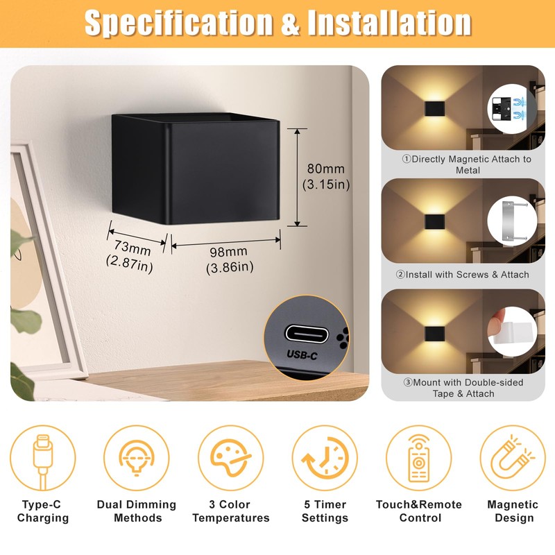 Yochoice Motion Sensor Wall Sconces with Remote Control, 6000mAh Black