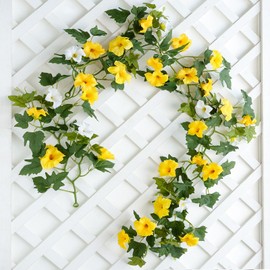 Mizii Artificial Petunias Flower Vines Garland 6 Feet Yellow Faux Morning Glory Silk Flowers Garland UV Resistant Fake Hanging Vines Plants Decorations for Outdoor Garden Indoor Home Decor (Yellow)