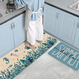 Nialnant Coastal Kitchen Rugs Set of 2, Non Slip Nautical Kitchen Mat, Summer Kitchen Mats for in Front of Sink, Teal Kitchen Rugs for Bathroom, 17'' x 47'' + 17'' x 30''