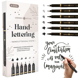 LEBENSKOMPASS Hand Lettering Pens Set of 6 Water-Based Hand Lettering & Calligraphy Pens for Beginners with 4 Different Sizes – Colour: Black