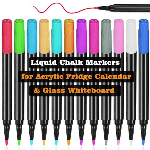 JonXon Liquid Chalk Markers for Acrylic Calendar for Fridge, Dry Erase Markers for Clear Acrylic Dry Erase Board for Refrigerator,12 Vibrant Colors, Easy Wet & Dry Erase