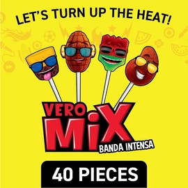 Vero Banda Fuego Mix Assorted Chili Lollipops Artificially Flavored Net Wt. 21.86 Ounces 40 Count Bag Mexican Candy Dulces Mexicanos Candies Spicy Sweet Sugar Snack Bonbon Mango Mangga