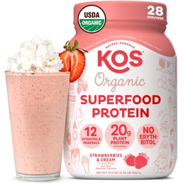 KOS Vegan Protein Powder, Strawberries & Cream USDA Organic - Low Carb Pea Protein Blend, Plant Based Superfood with Vitamins & Minerals, Gluten Free - Meal Replacement for Women & Men - 28 Servings