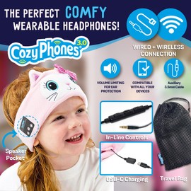 CozyPhones Toddler Headphones Wireless, Kids Bluetooth Headband, Safe Volume Limiting - Wired School Headphones for Kids with Carry Bag - Toddler Airplane Travel Essentials for Boys & Girls - Kitty