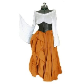 Resnan Women's Renaissance Medieval Costume Flare Sleeve Corset Skirt Overskirt Fancy Dress Irish Over Gown 2pcs Set (Orange, Large)