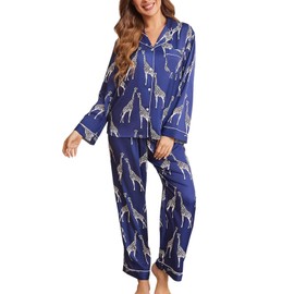 Brosloth Womens Loungewear Set Silk Pajamas Long Sleeve Satin Animal Print Pajama Set Two Piece Sets Giraffes Navy Blue S