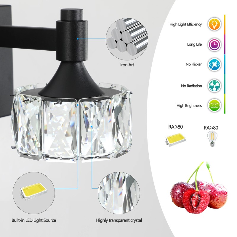 Modern 4-Light Matte Black LED Vanity Light Fixture with Crystal