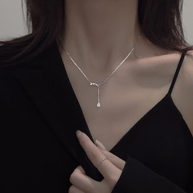 Erimberate Bohemian Teardrop Crystal Choker Necklace Silver Arc Bar Pendant Necklace Cz Paved Curved Bar Chain Necklace Minimalist Curved Arch Bar Collar Necklace Jewelry for Women