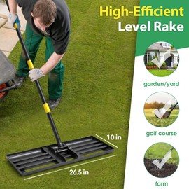 Lawn Leveling Rake, 5 FT Yard Leveler with 30 x 10 Wide Large Rakes Head for Smooth Garss Soil Sand Dirt, High Effect Ground Leveling Tool with Round Edge for Landscape Golf Course, No Flip