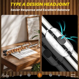 Fesley Closed Hole C Flute, Offset G, Split E, Musical Instruments Flute for Student Beginner Band, 16 Keys Flutes with Case, Stand, Joint Grease, Cleaning Cloth, Cleaning Rod