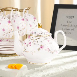 fanquare 21-Piece Gold Vine Floral Porcelain Tea Set, Bone China Tea Sets with Sugar Bowl Creamer Teacups, English Cremic Tea Service for Women Tea Party Family Gathering Home Décor