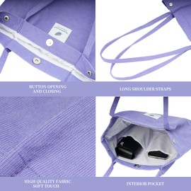 Corduroy Tote Bag Cute Tote Bags for Women Shoulder Bag with Inner Pocket for Work Beach Travel and Shopping Grocery (Purple)