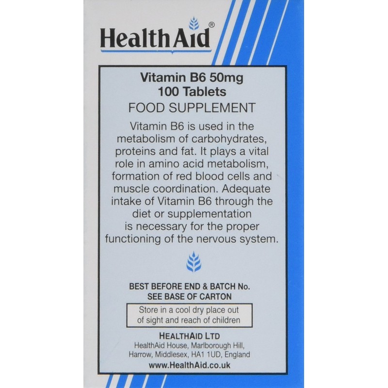 HealthAid Vitamin B6 (Pyridoxine HCl) 50mg - 100 Tablets