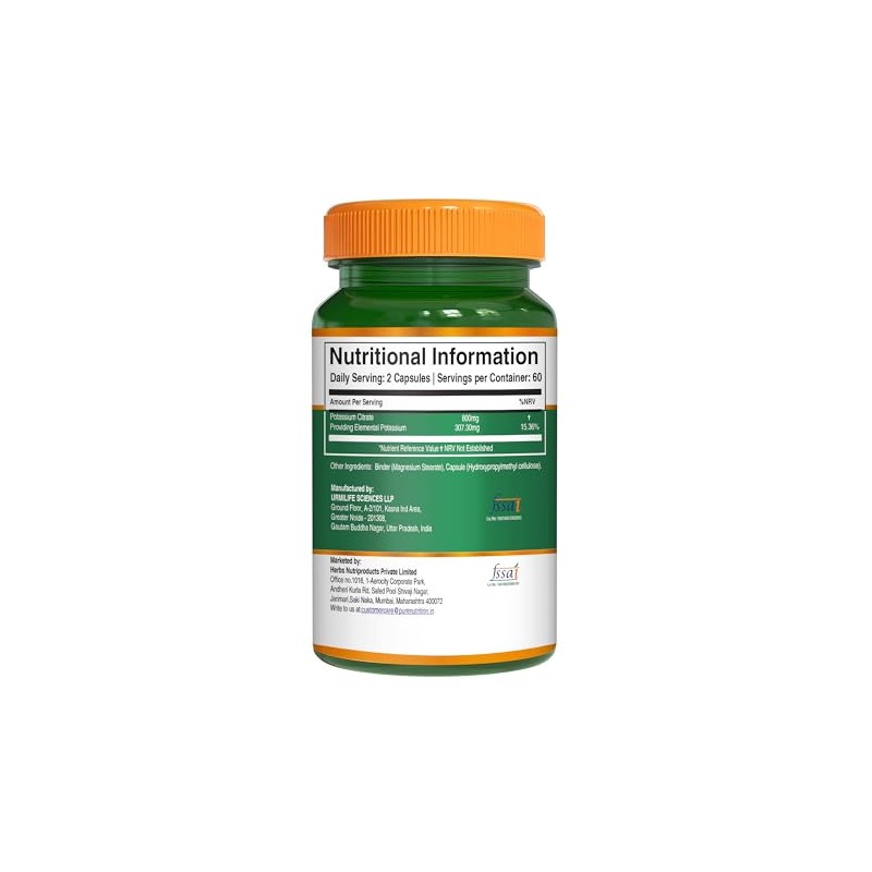 Pure Nutrition Potassium Citrate 800mg | 120 Caps | Support