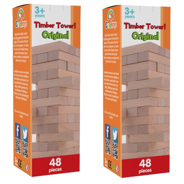 CoolToys Timber Tower Wood Block Stacking Game – Original Edition (48 Pieces) – 2 Pack