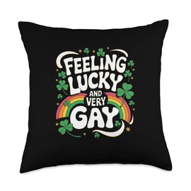 Feeling Lucky and Very Gay Rainbow Pride Shamrock Throw Pillow