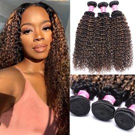 UNICE Brown Highlight Deep Curly Human Hair Weave 3 Bundles 14 16 18 inch Brazilian Remy Hair Balayage Blonde Human Hair Extensions Ombre Dark Root Weft for Sew in Make Wigs FB30 Color