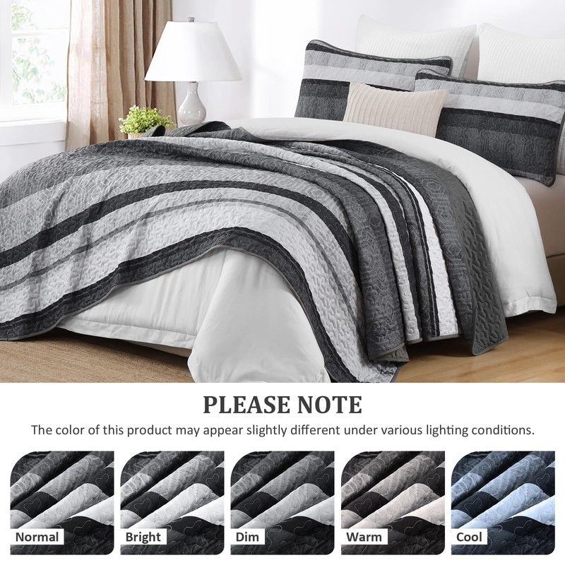 Dobuyly Grey Queen Quilt Set, Boho Bedspread Queen Size, Striped